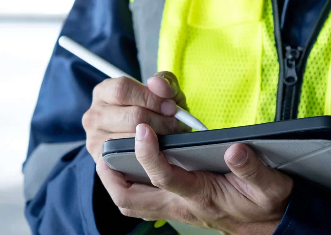 A person in a hi-vis jacket using a tablet for an inspection.