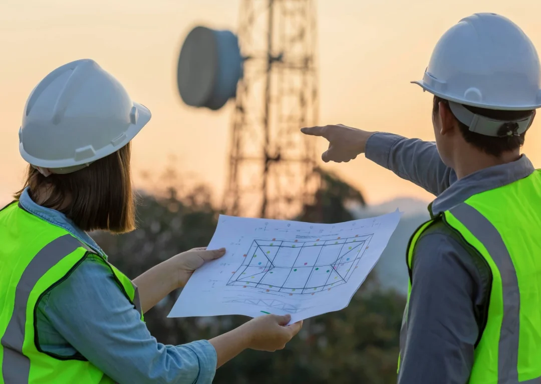 Two people wearing protective gear pointing to a telecoms tower.