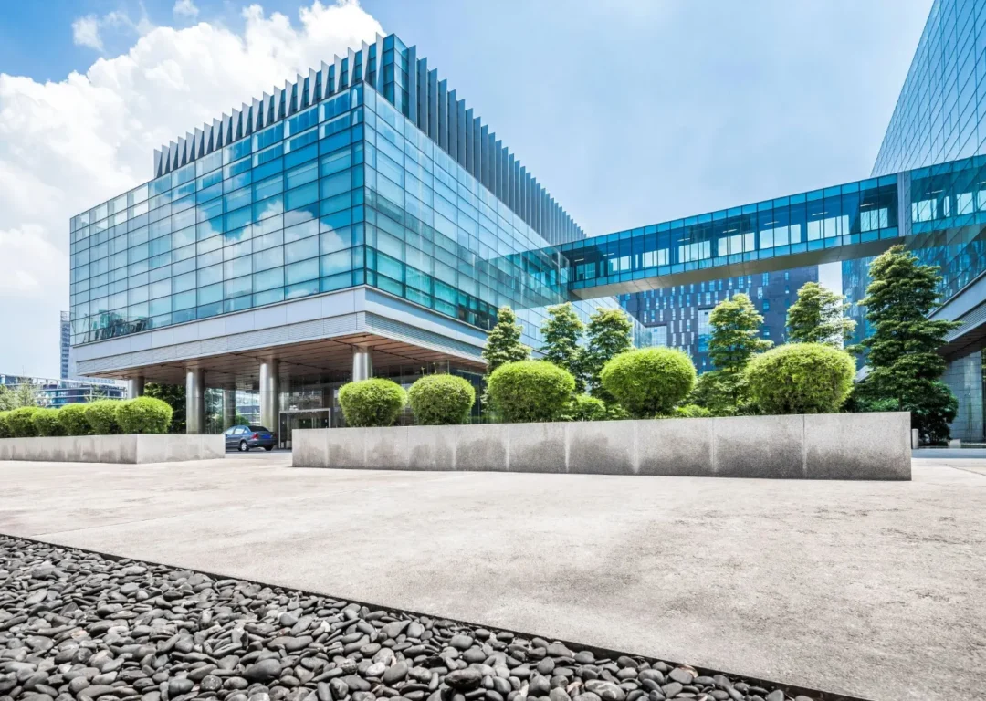 A large, modern office building with large windows.